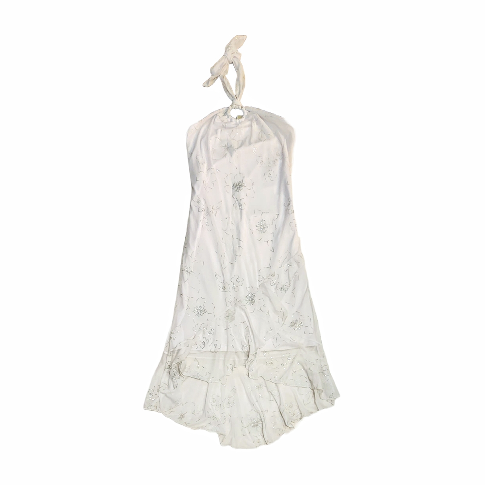 White Elegant Evening Ocassion Halter Dress with Floral Embroidery Large